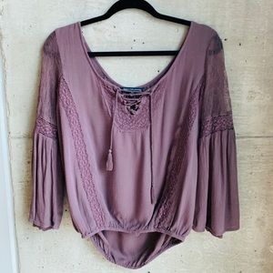 Dark lavender tie front peasant top